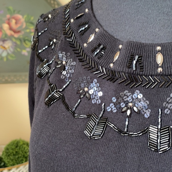 Talbots RSVP Black Beaded Sequin Crew Neckline Sweater Sz M Soft Knit - Picture 7 of 13